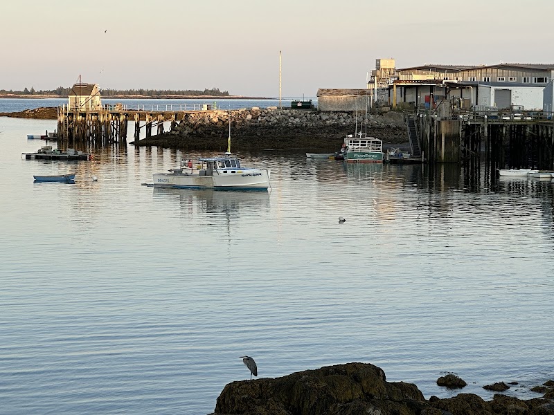 Gouldsboro harbor at Acadia National Park with boats, a weathered pier, and calm waters reflecting the sunset.
