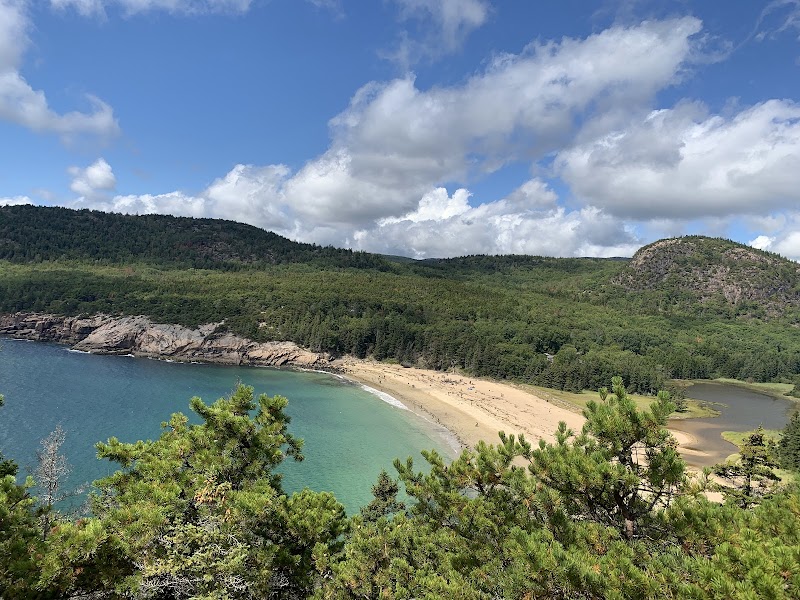 Sand Beach and turquoise Atlantic water seen from the Sand Beach Overlook in Acadia National Park