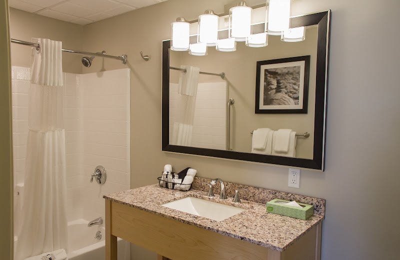 Lodge bathroom at Acadia National Park with granite counter, sink, large framed mirror, shower curtain, and toiletries.