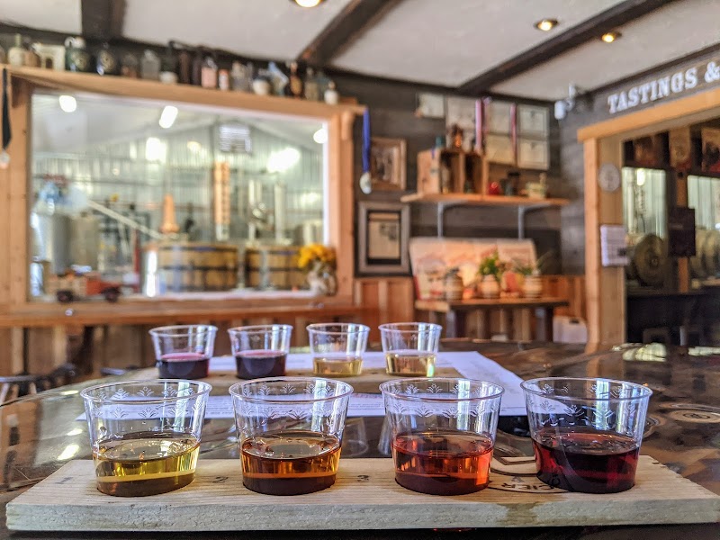 Tasting flight lineup inside a rustic distillery shop in Glacier National Park, with wooden shelves and warm lighting.