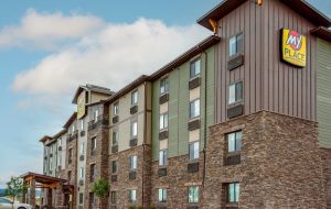 Hotel in Kalispell near Glacier National Park showcases a modern brick-and-slate exterior.