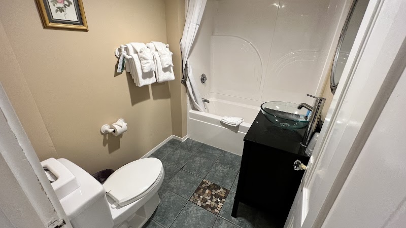 Cozy Acadia National Park bathroom with a tub/shower, glass vessel sink on a black vanity, towels, and toilet.