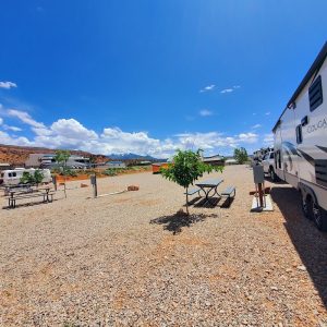 RVs, a small tree, and picnic tables sit on gravel at a sunny campground in Arches National Park, with distant desert mountains under a bright blue sky.
