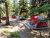 Lewis Lake Campground in Yellowstone National Park shows a red tent pitched among pines beside a parked car and picnic table.