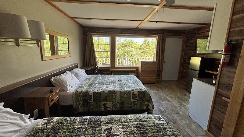 Cozy lodge room with two queen beds, patchwork quilts, wood paneling, and a window view of trees in Acadia National Park.