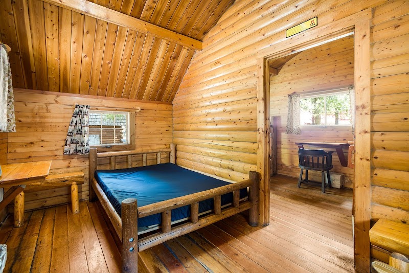 Cozy log cabin bedroom in Yellowstone National Park with exposed pine walls, a blue bed, and a doorway to a small study.