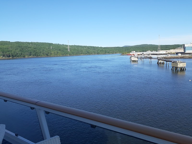 Waterfront view from a deck toward Bucksport harbor along the Acadia National Park coastline.