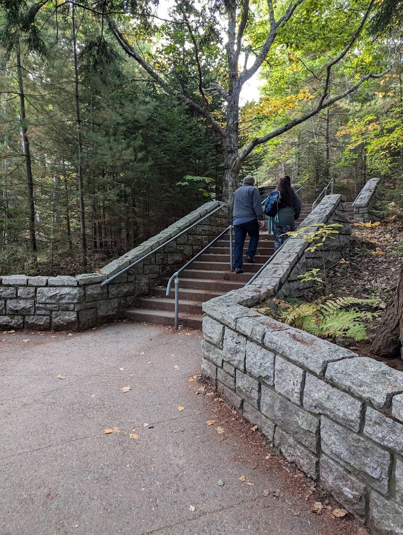Two visitors ascend a stone stairway with a metal railing through a wooded area beside a low stone wall in Acadia National Park.