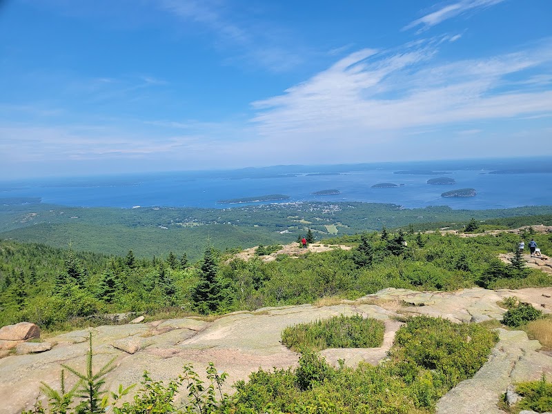 Rocky overlook at Acadia National Park with evergreen shrubs, green hills, and a blue Atlantic dotted by small islands.