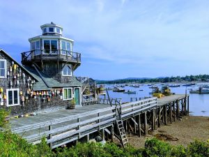 Quietside Campground harbor boardwalk and lighthouse-style tower in Acadia National Park, Maine.