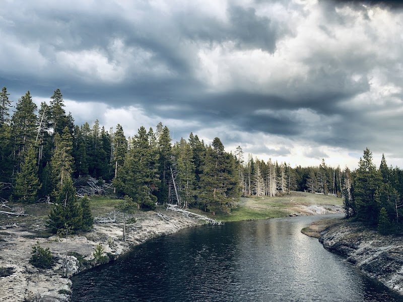 Calm Yellowstone Lake winds along rocky shorelines with pine trees and dramatic stormy clouds in Yellowstone National Park.