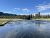 Firehole River meanders through a Yellowstone meadow with pine trees under a bright blue sky.