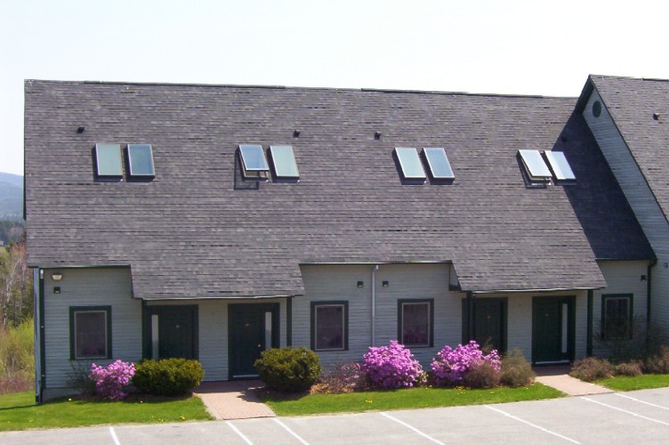 Row of light gray townhouses with a steep slate roof, skylights, and pink flowering shrubs in front, Acadia National Park.