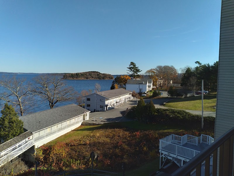 Harbor view in Acadia National Park with white townhouses along the shoreline, leafless trees, calm water and a blue sky.