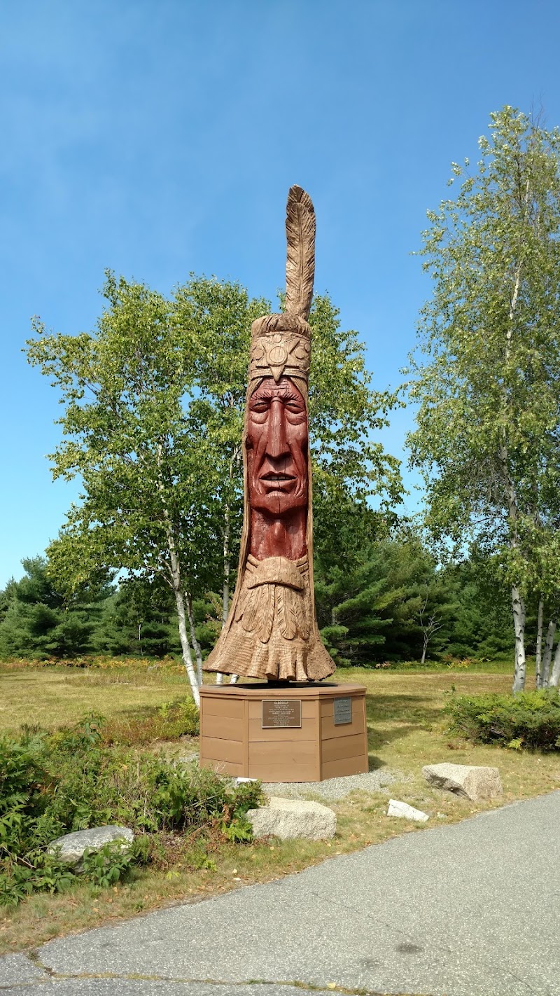 Tall carved wooden totem statue with feathered headdress on a brown pedestal in a campground setting, Acadia National Park.