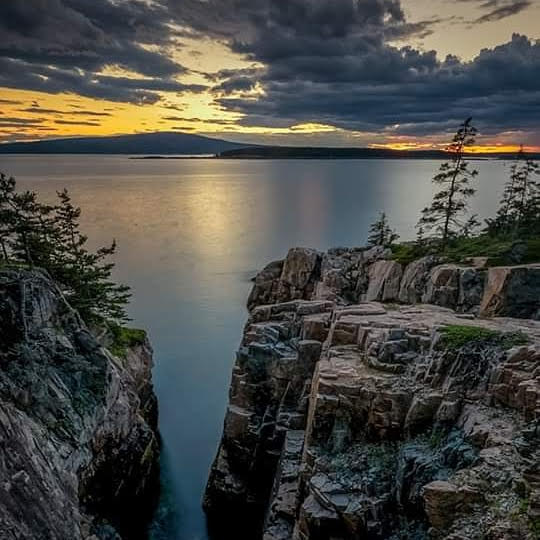 Sunset over a rugged Acadia coastline with jagged rocks and pine trees framing a calm inlet.