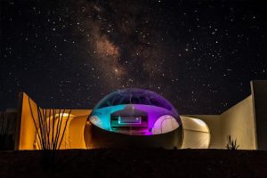Geodesic dome lodging under a starry desert sky in Big Bend National Park.