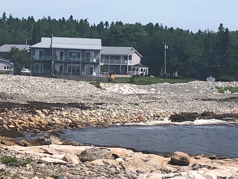 Two-story grey motel with a metal roof sits above a rocky shoreline and calm water at Acadia National Park, with pine trees in the background.