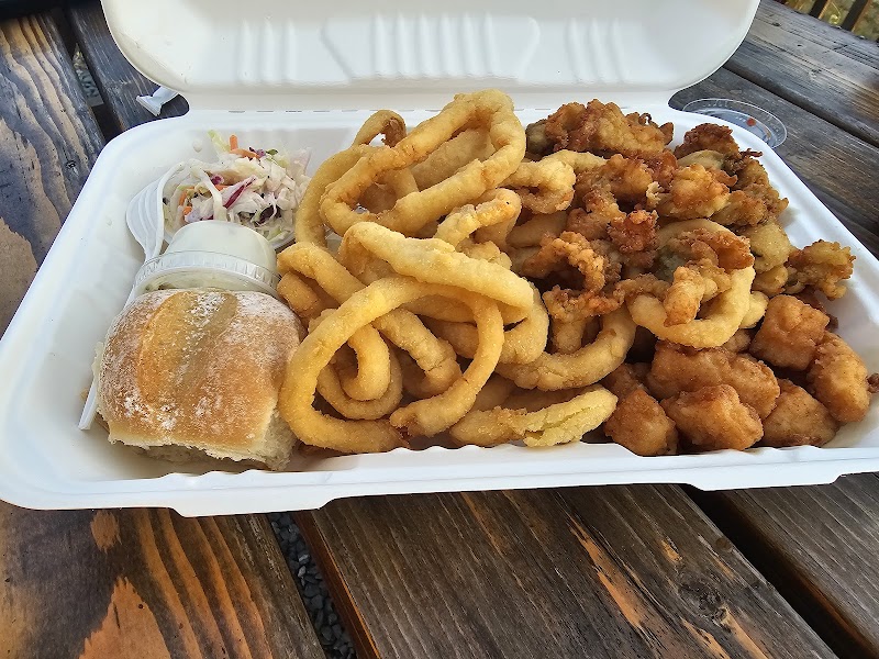 Fried seafood platter with onion rings, coleslaw, and a roll at a park drive-in in Acadia National Park.