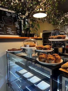 Cozy cafe interior in Acadia National Park with hanging greenery, warm light, and muffins and cupcakes on display.