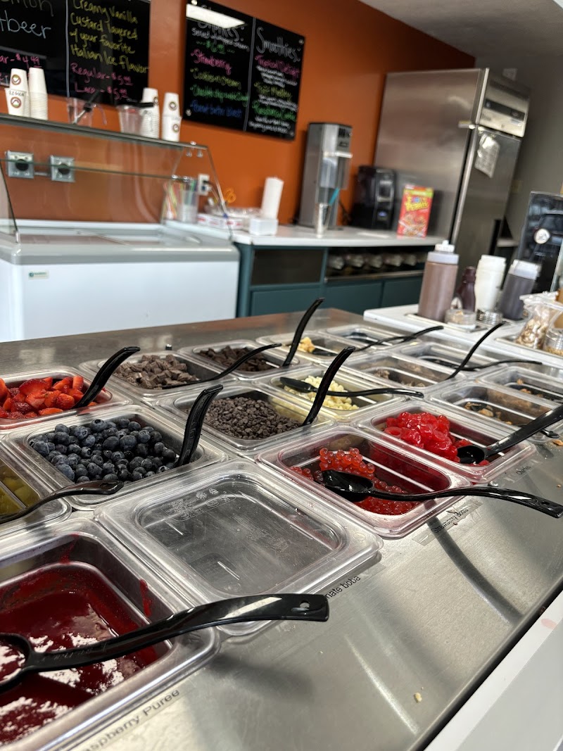 Frozen yogurt toppings in metal tubs—berries, chocolate, sauces—displayed on an orange-wall counter in Arches National Park.