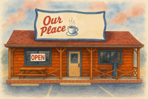 Wooden roadside restaurant in Yellowstone National Park with a large sign and steaming coffee cup illustration.