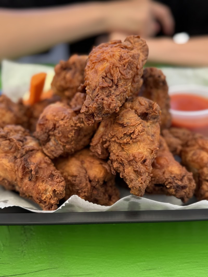 Crumbed fried chicken pieces piled on parchment with a small dipping sauce on a bright green table in Acadia National Park.