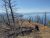 Lake Butte Overlook in Yellowstone National Park offers a view of a blue lake beyond burned trees on a ridge.