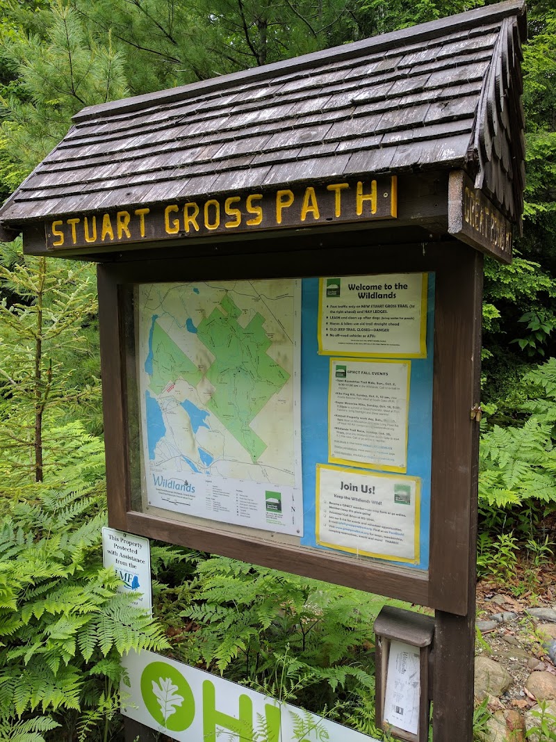 Dead River Trailhead at Acadia National Park's Great Pond Mountain Wildlands, a wooden information board amid green pines.