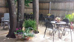 Acadia National Park tavern patio with round metal tables, chairs, and potted plants under shade trees.
