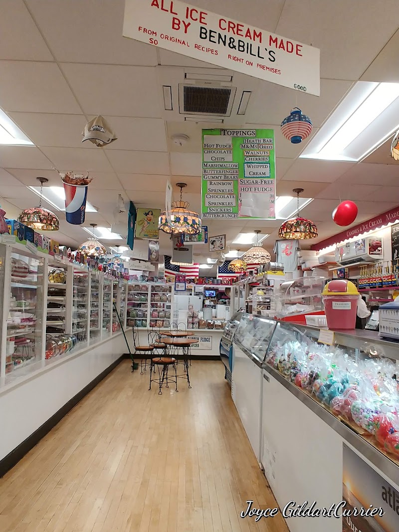 Candy shop interior at Acadia National Park reveals colorful confections and ice cream displays.