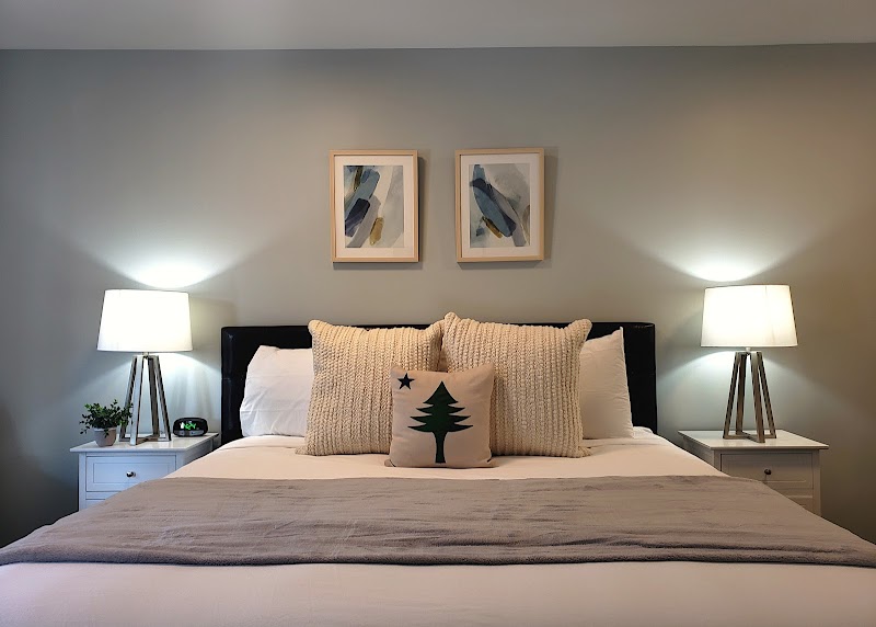 Cozy hotel bedroom with a king bed, beige throw, tree-themed pillow, nightstands, lamps, and framed abstract art in Acadia National Park.