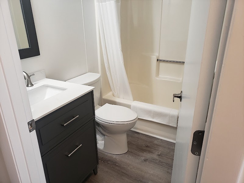 Compact bathroom with a dark vanity, white sink, toilet, and a bathtub with a shower curtain in Acadia National Park.