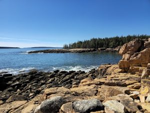 Rugged granite shoreline along Ship Harbor Trail, Acadia National Park, with blue Atlantic, rocky boulders, and forested peninsula.