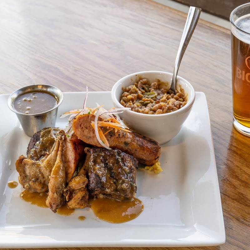 Chisos Mountains dining area plate with ribs, sausage, and beans in Big Bend National Park