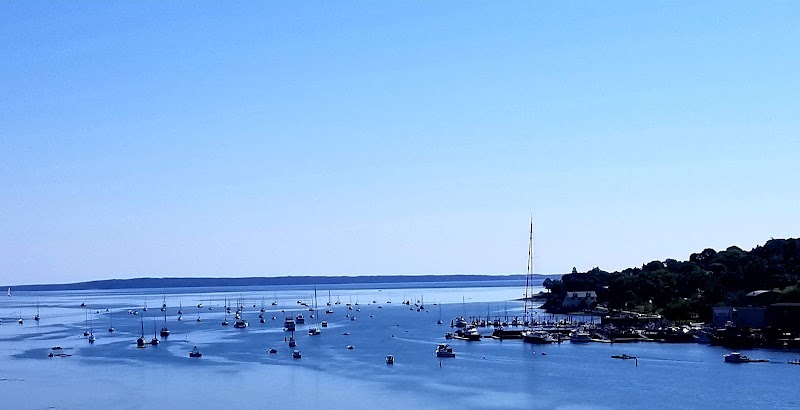 Prospect Harbor, Acadia National Park, showcases a calm harbor full of boats and a distant shoreline.