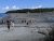 Crowds of visitors walk along a sandy tidal land bridge to Bar Island in Acadia National Park, with a forested shoreline in the distance.