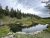 Meandering river with grassy banks and rocky edge, pine trees on a hillside under a cloudy sky in Yellowstone National Park.