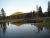 Gibbon River reflected in calm Yellowstone water, with pines and a sunlit hill in the distance.