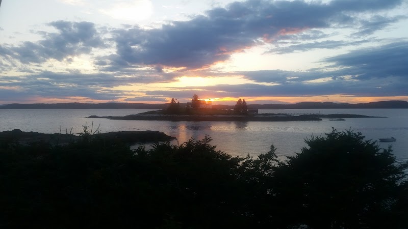 Little Deer Isle sunset in Acadia National Park, calm harbor with silhouetted pines.