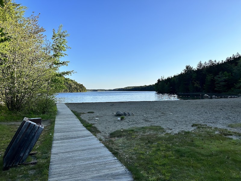 Wooden boardwalk to Echo Lake Beach at Acadia National Park, with rocky shore, calm water, and pine trees under a blue sky.