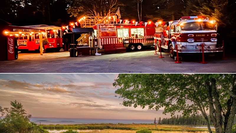 Night scene with red food trucks and glow-lit service area, followed by a sunset over grassy wetlands in Acadia National Park.