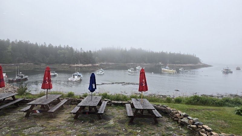 Picnic tables with red and blue umbrellas overlooking a foggy harbor with boats in Acadia National Park.
