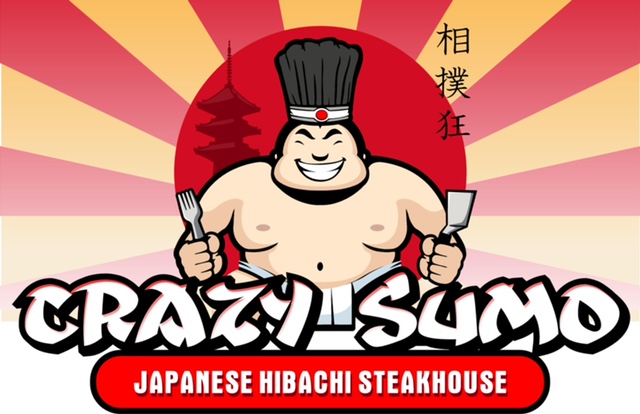 Hibachi restaurant logo featuring a smiling sumo wrestler, in Ellsworth near Acadia National Park.