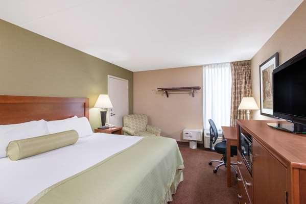 Hotel room interior at a lodging near Bar Harbor in Acadia National Park, with a king bed and green decor