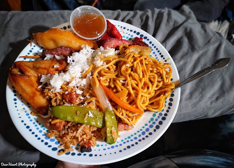 A plate of mixed rice, noodles, and vegetables served at a restaurant in Acadia National Park.