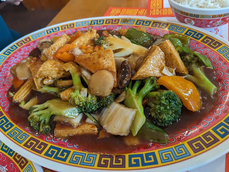 Vegetable stir-fry dish with tofu and broccoli served at a park restaurant in Acadia National Park
