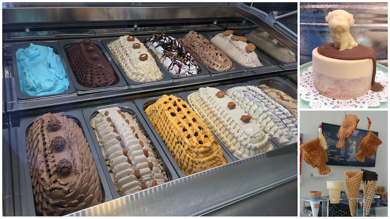 Ice cream shop display with a colorful gelato assortment at Acadia National Park in a glass case.