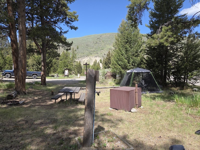 Yellowstone National Park campground with picnic table, fire ring, tent, and pine trees under a blue sky.