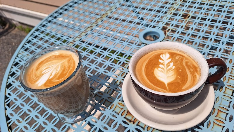 Latte art at a cafe table in Acadia National Park, with two cups of coffee outdoors.